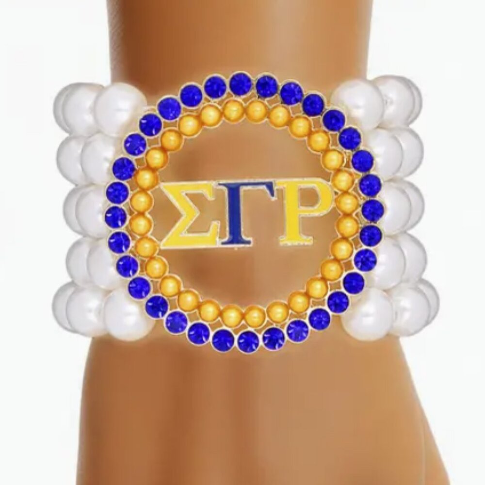 Sigma Gamma Rho Pearl Bracelet | Blue & Gold Stretch Bangle